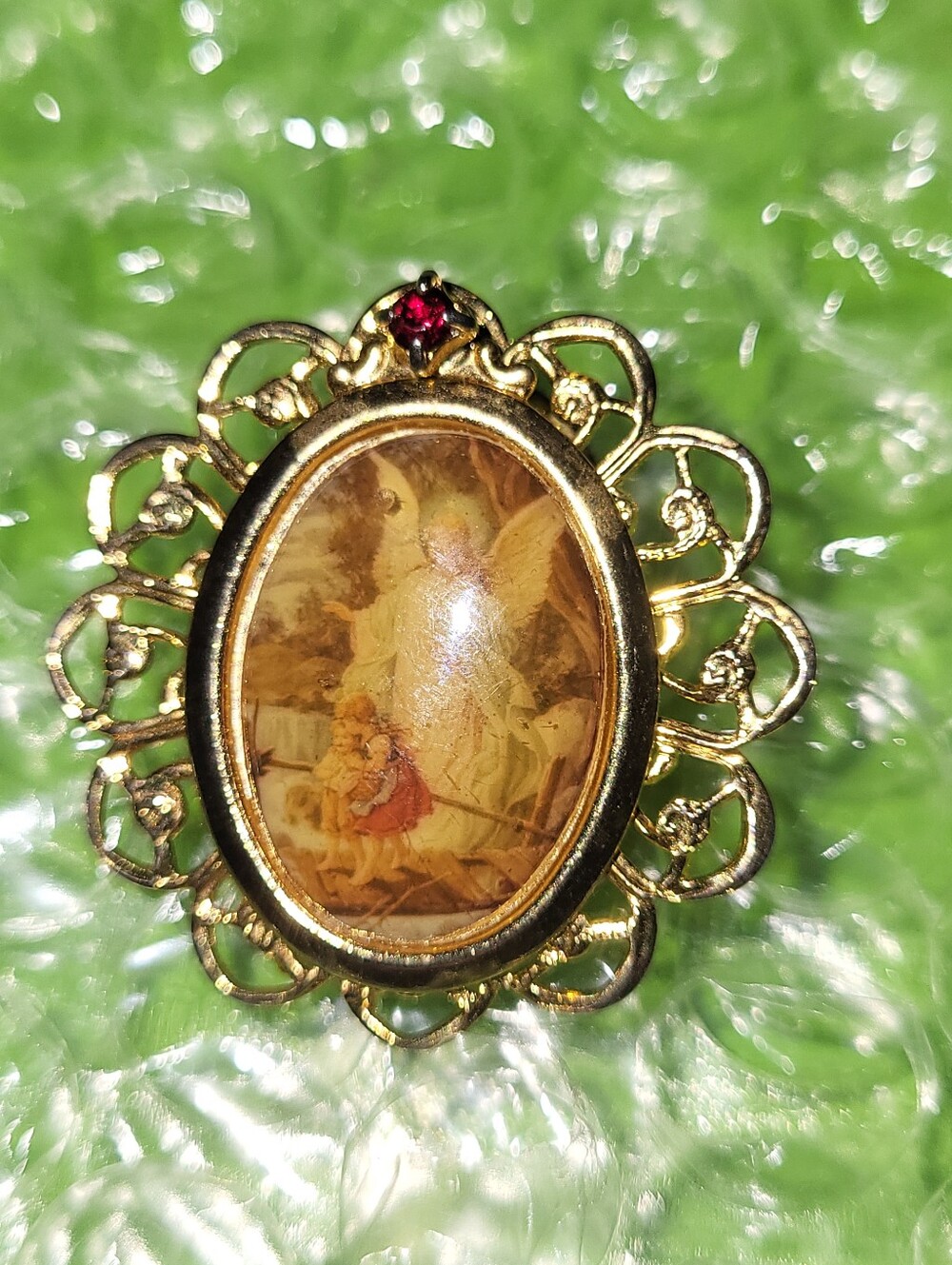 Vintage Ballou Reg'd Guardian Angel Pin July Birthstone Red Rhinestone Gold Tone